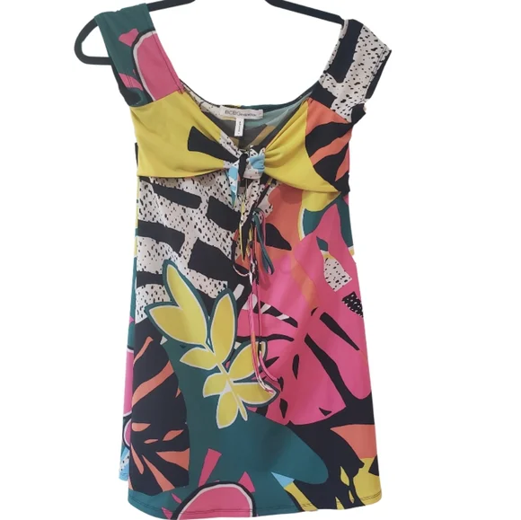 BCBGeneration Dress Tropical Cap Sleeves Front Tie S Monstera Print y2k - Picture 1 of 7